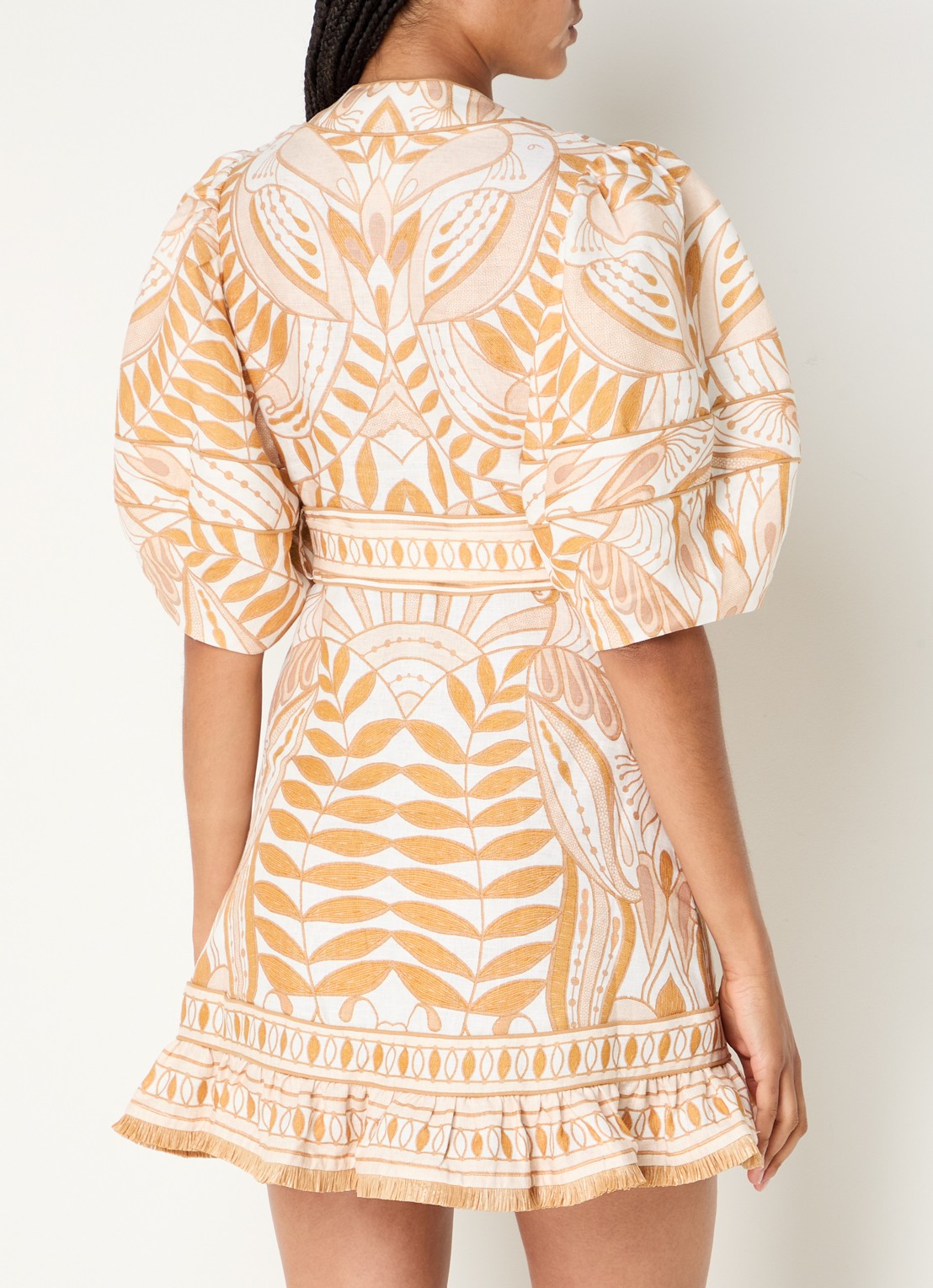 Farm Rio Lace Nature mini tuniekjurk van linnen met ceintuur en print - achterkant 5 beige