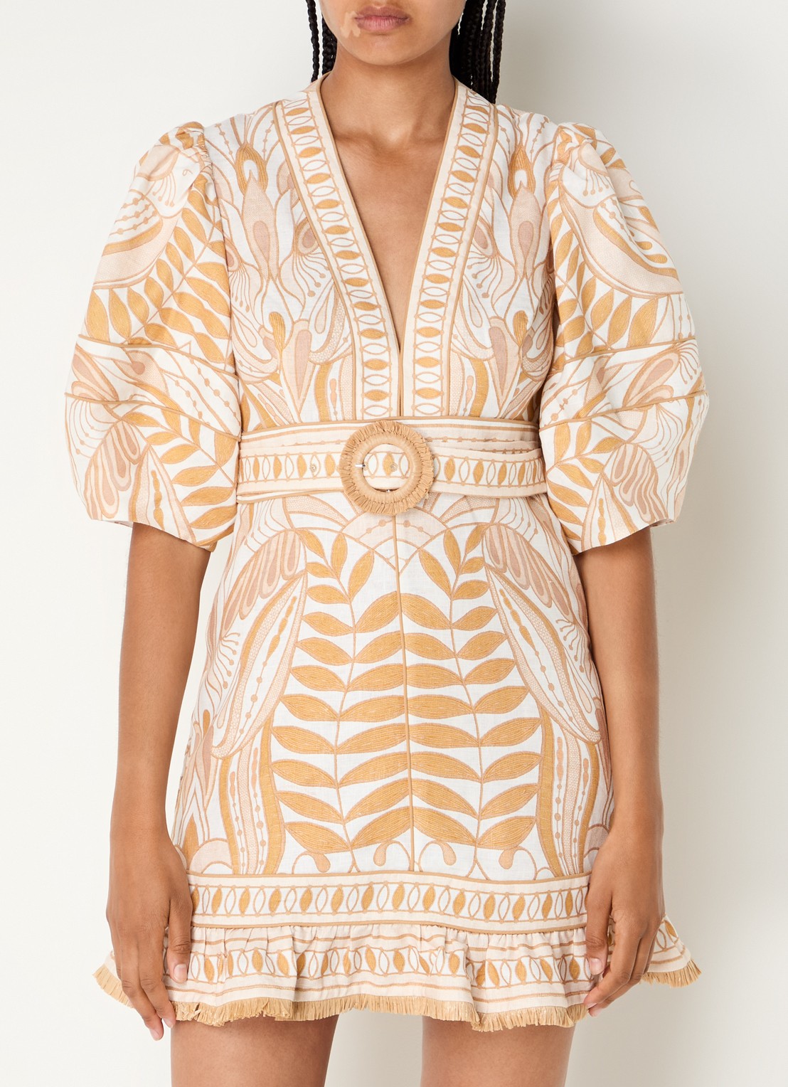 Farm Rio Lace Nature mini tuniekjurk van linnen met ceintuur en print - detail 3 beige