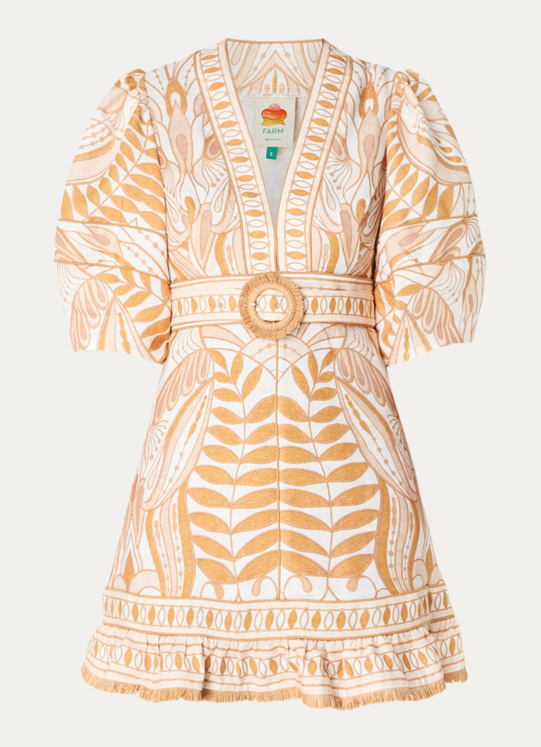 Farm Rio Lace Nature mini tuniekjurk van linnen met ceintuur en print - voorkant beige