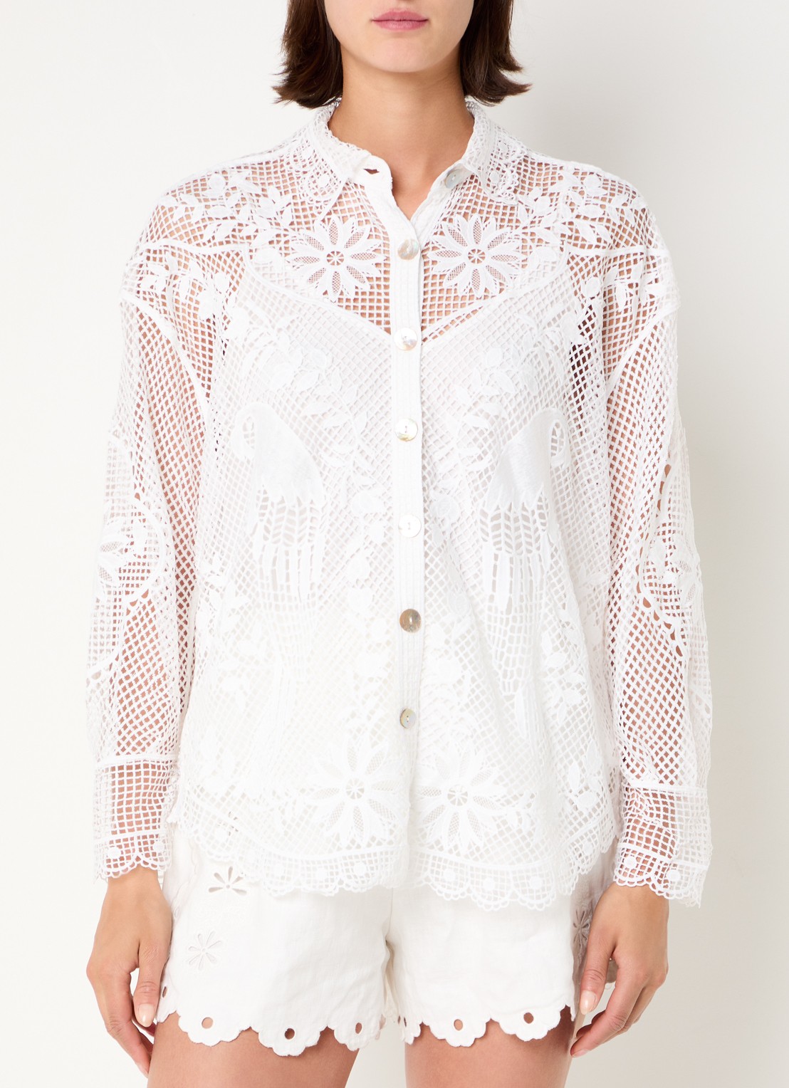 Farm Rio Landscape Guipure blouse met opengewerkt dessin - detail gebroken wit