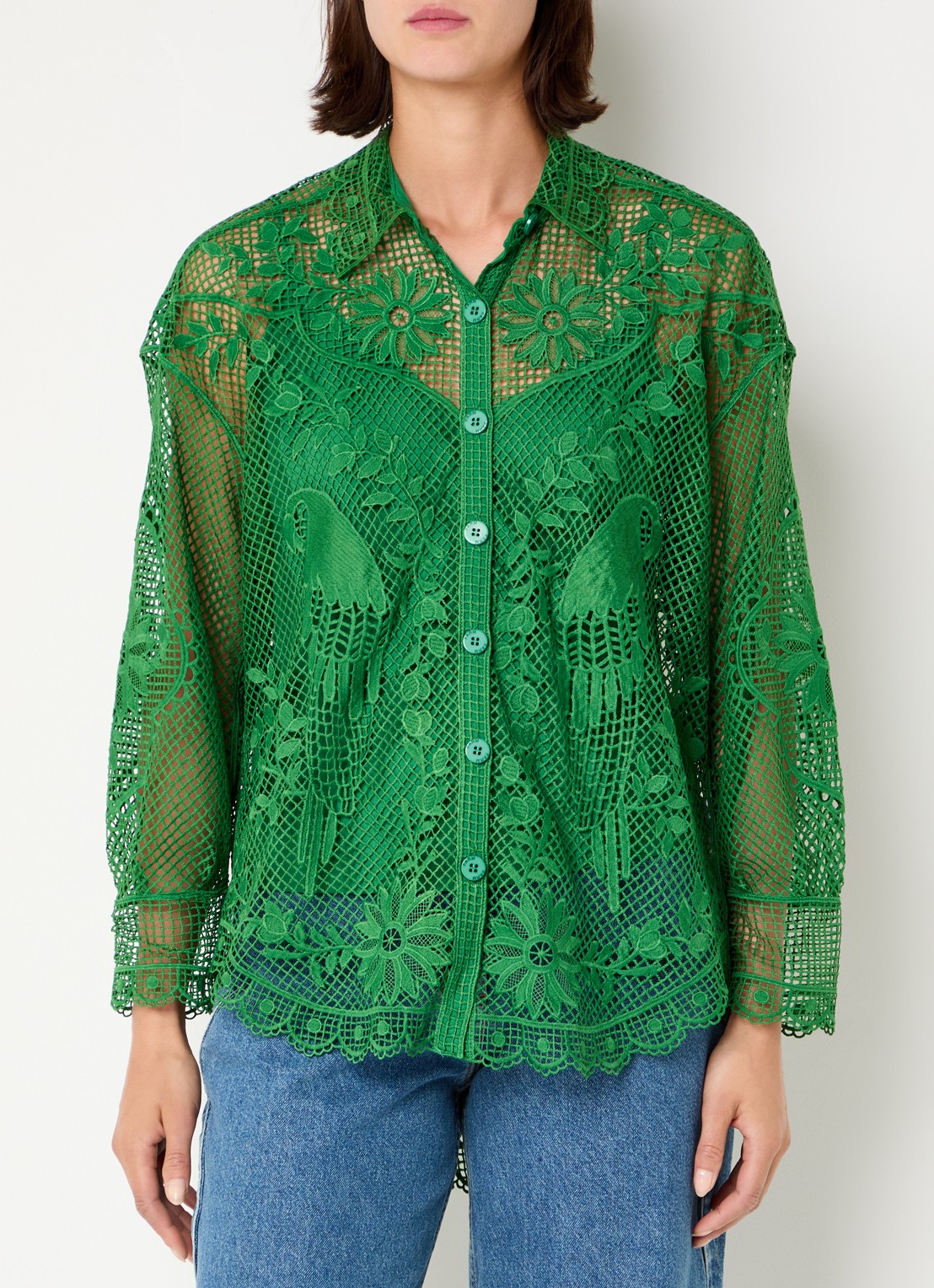Farm Rio Landscape Guipure blouse met opengewerkt dessin - detail 4 groen