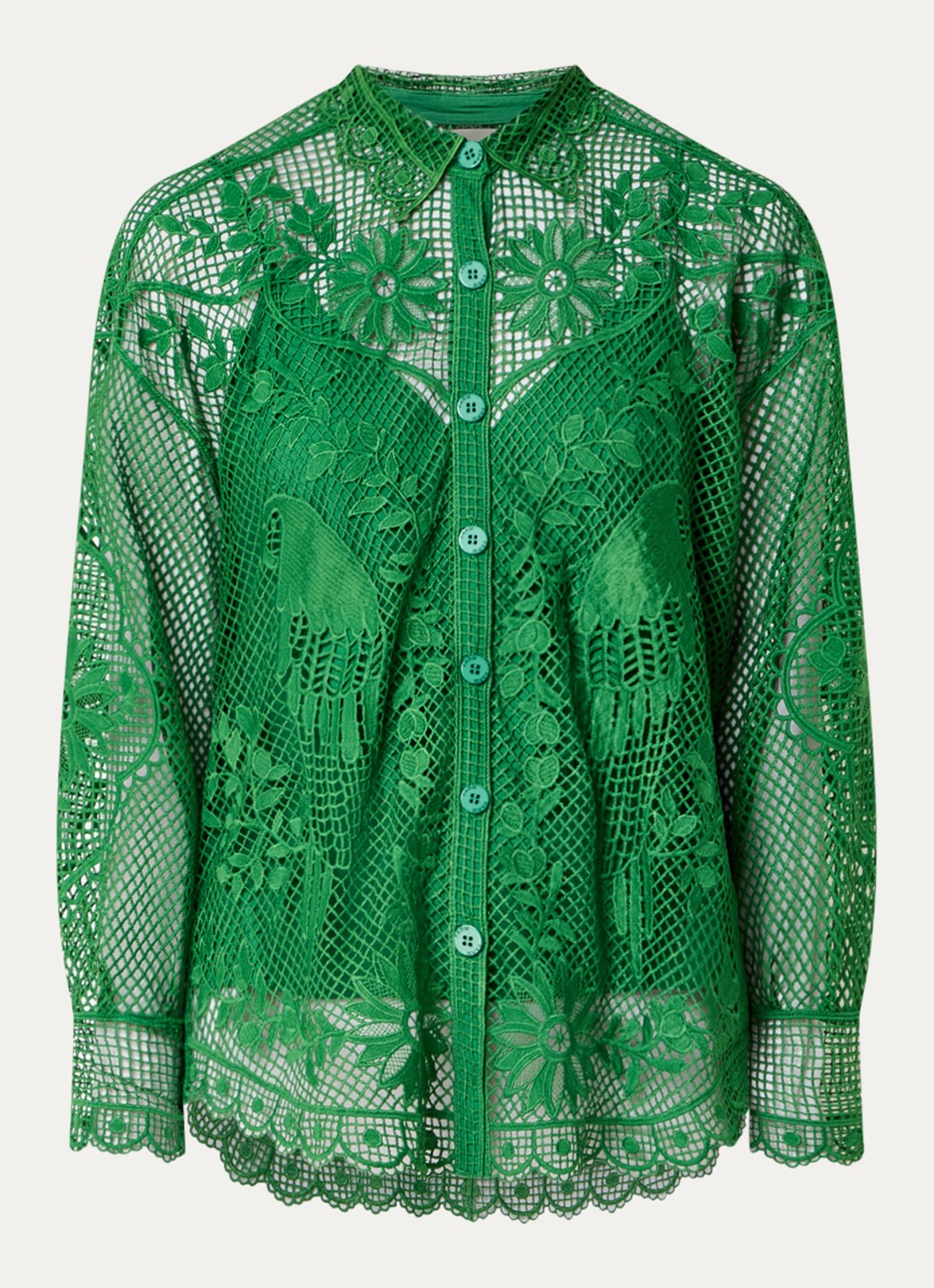 Farm Rio Landscape Guipure blouse met opengewerkt dessin - voorkant 2 groen