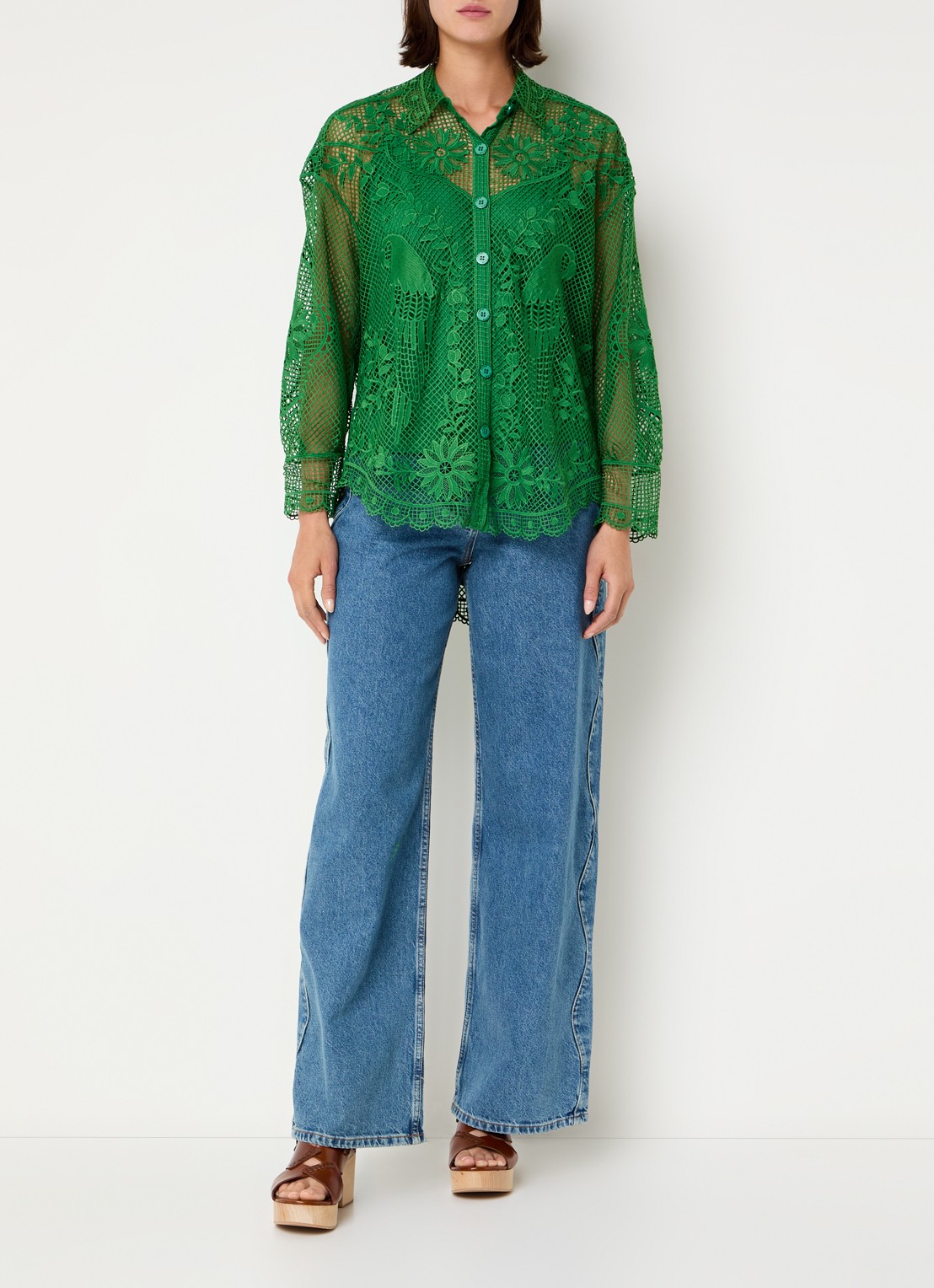 Farm Rio Landscape Guipure blouse met opengewerkt dessin - voorkant 3 groen