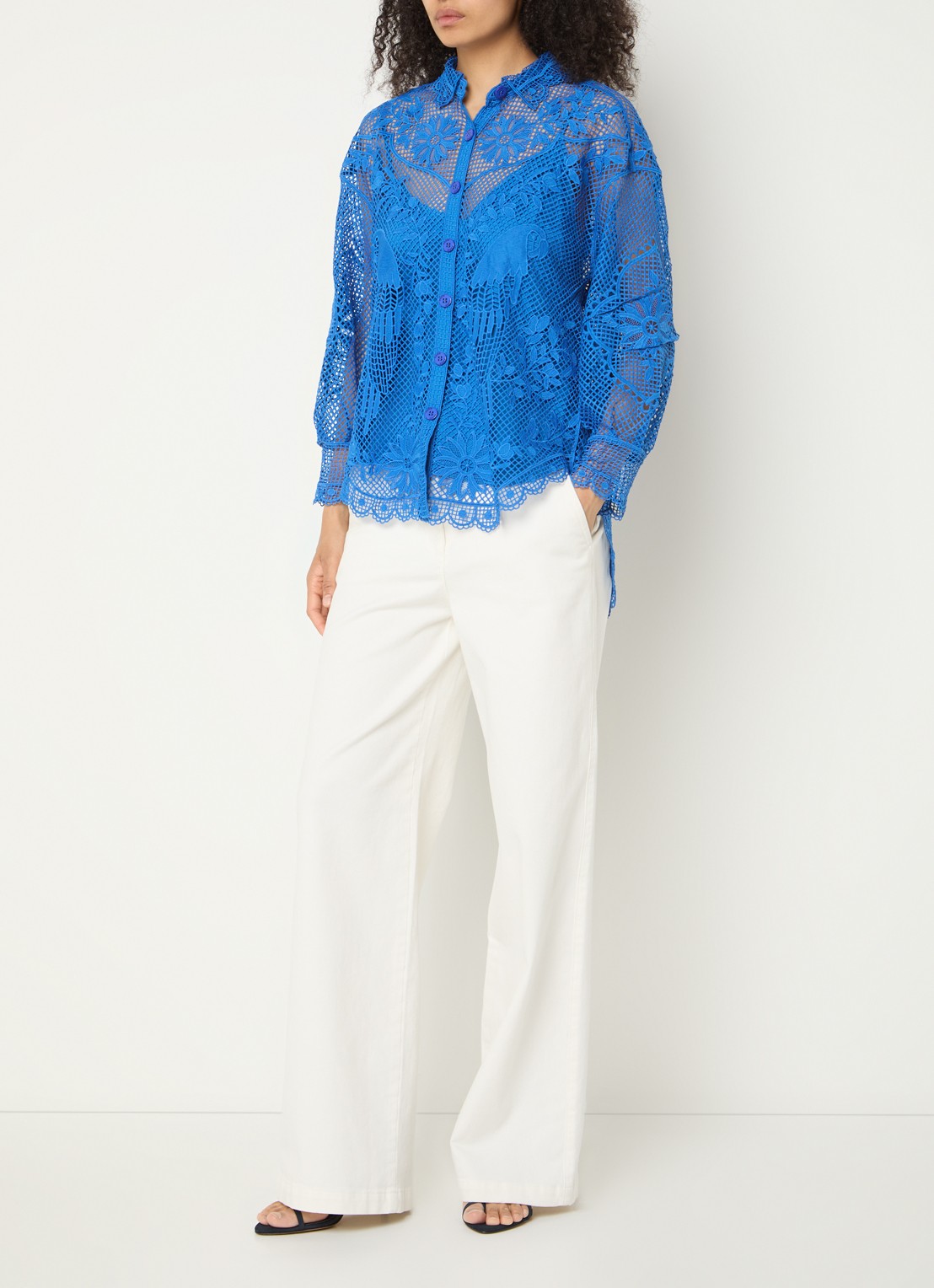 Farm Rio Landscape Guipure blouse van kant  - voorkant 2 donkerblauw
