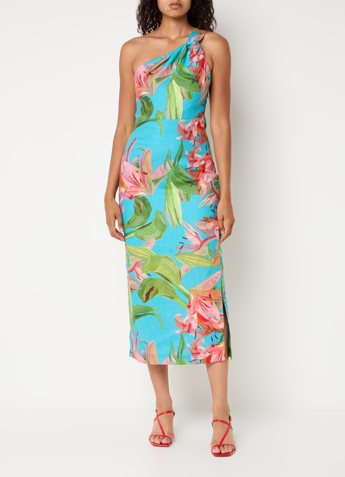 Farm Rio Lily one shoulder maxi jurk met bloemenprint en split - detail 2 aquablauw
