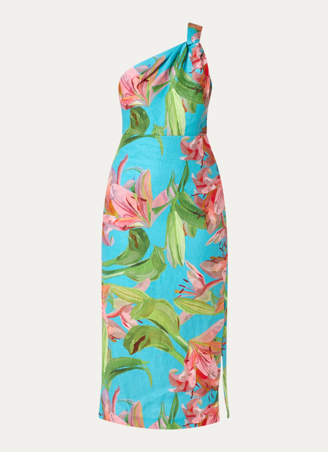 Farm Rio Lily one shoulder maxi jurk met bloemenprint en split - voorkant 3 aquablauw