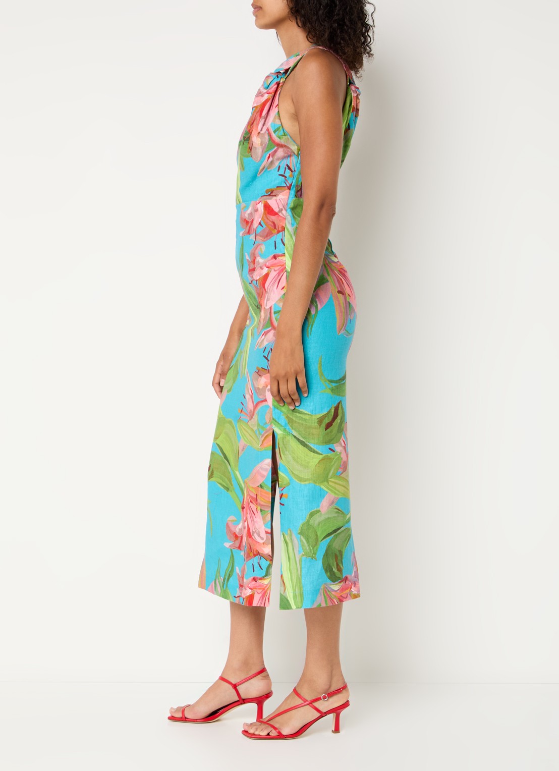 Farm Rio Lily one shoulder maxi jurk met bloemenprint en split - voorkant 4 aquablauw