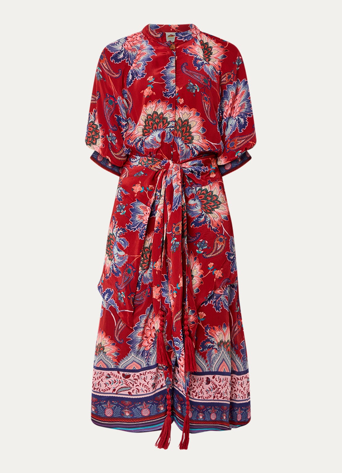 Farm Rio Luang midi blousejurk met bloemenprint en gestrikt detail - voorkant rood