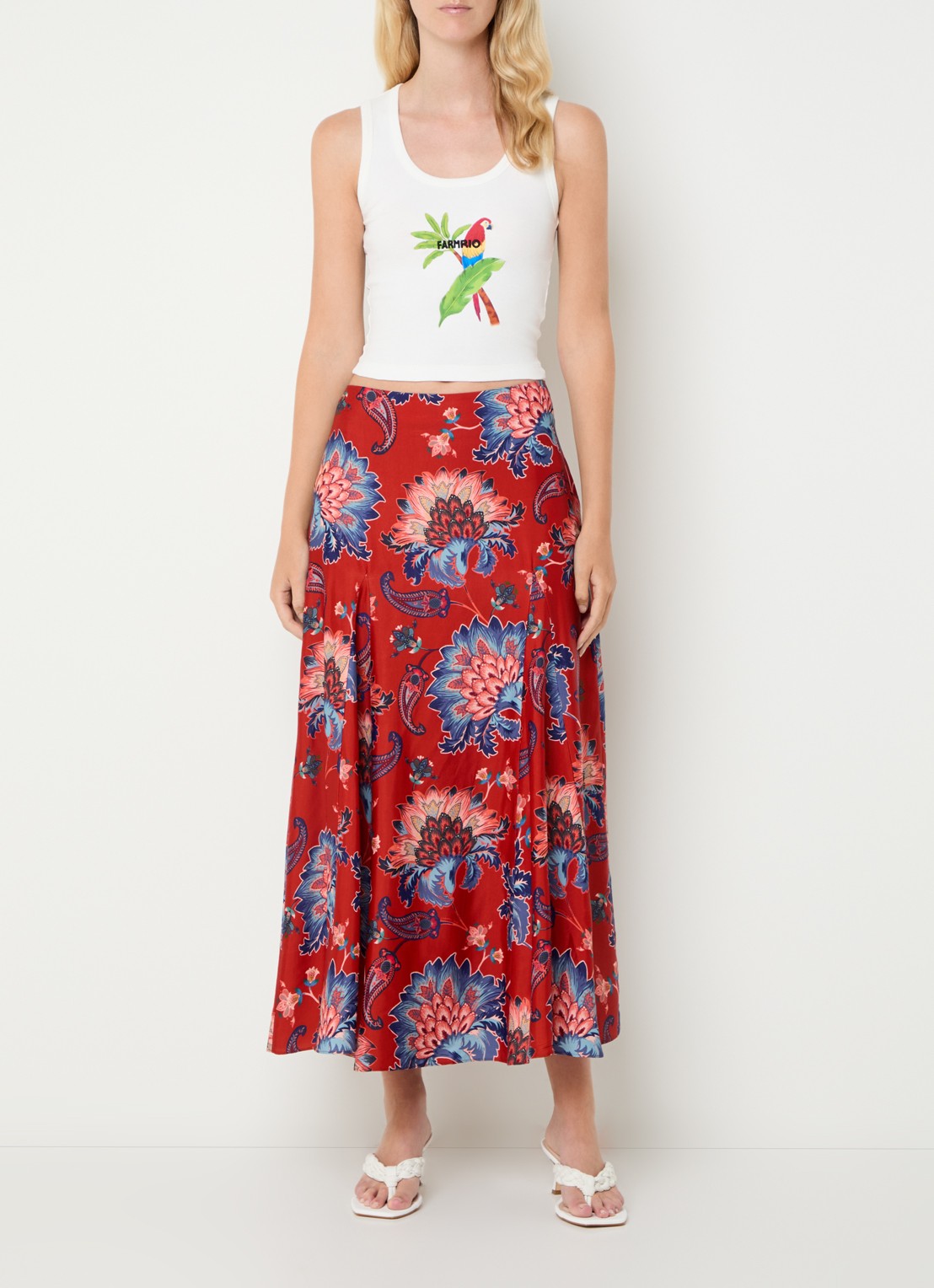 Farm Rio Luang midi rok met bloemenprint - voorkant 3 donkerrood