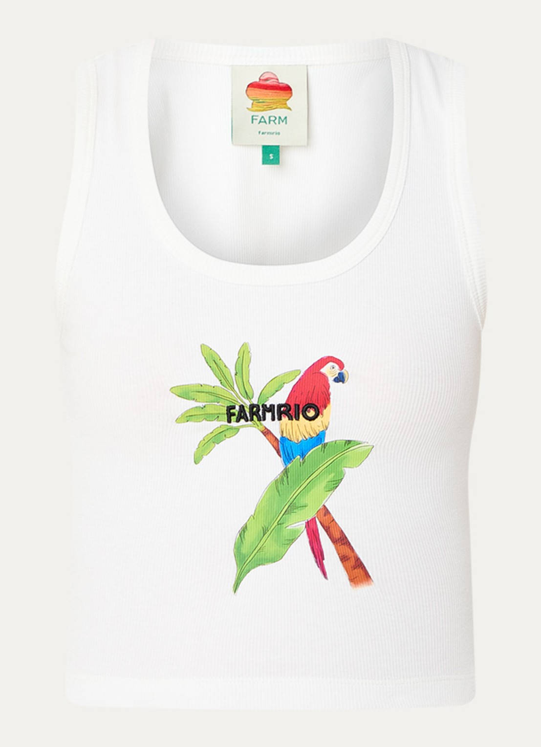 Farm Rio Macaw cropped tanktop met print en logoborduring - voorkant 3 gebroken wit