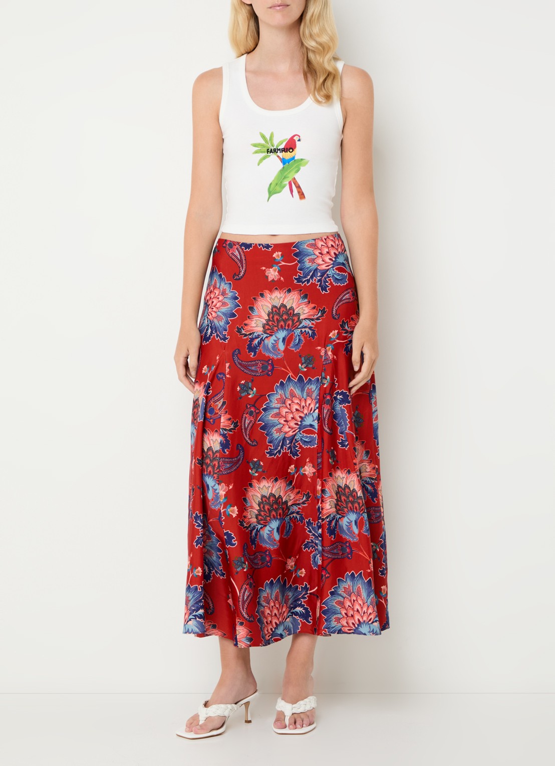 Farm Rio Macaw cropped tanktop met print en logoborduring - voorkant 4 gebroken wit