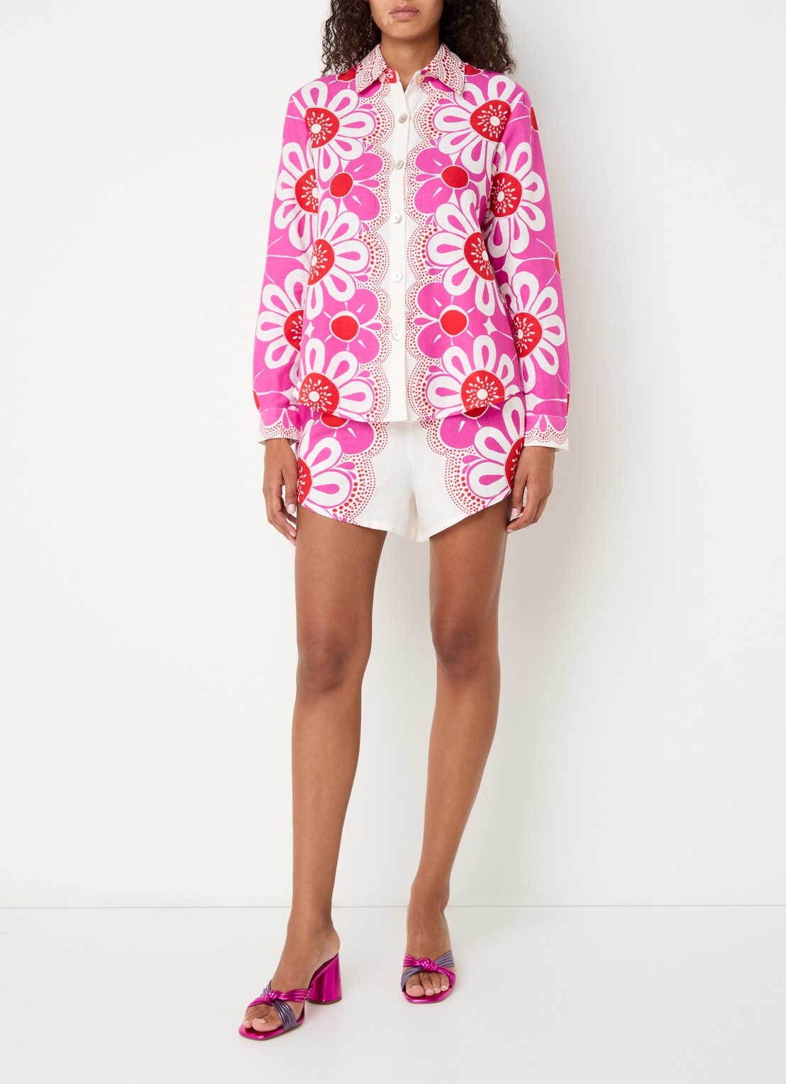 Farm Rio Maia blouse in linnenblend met bloemenprint  - voorkant 3 fuchsia