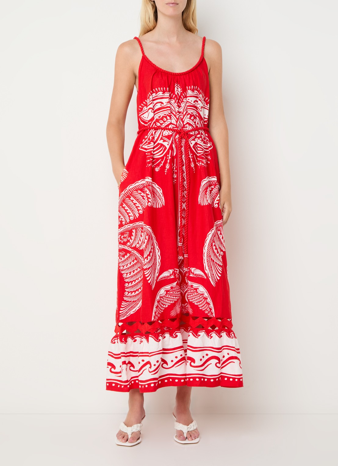 Farm Rio Majestic Coconut Tree maxi jurk in linnenblend met volant - detail rood
