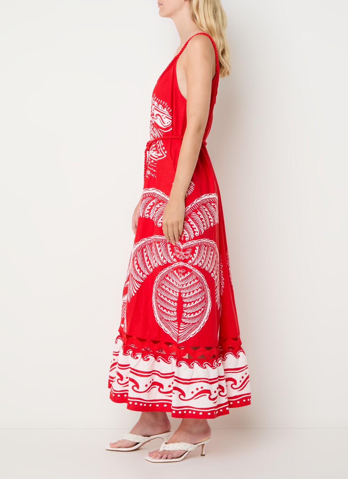 Farm Rio Majestic Coconut Tree maxi jurk in linnenblend met volant - voorkant 4 rood
