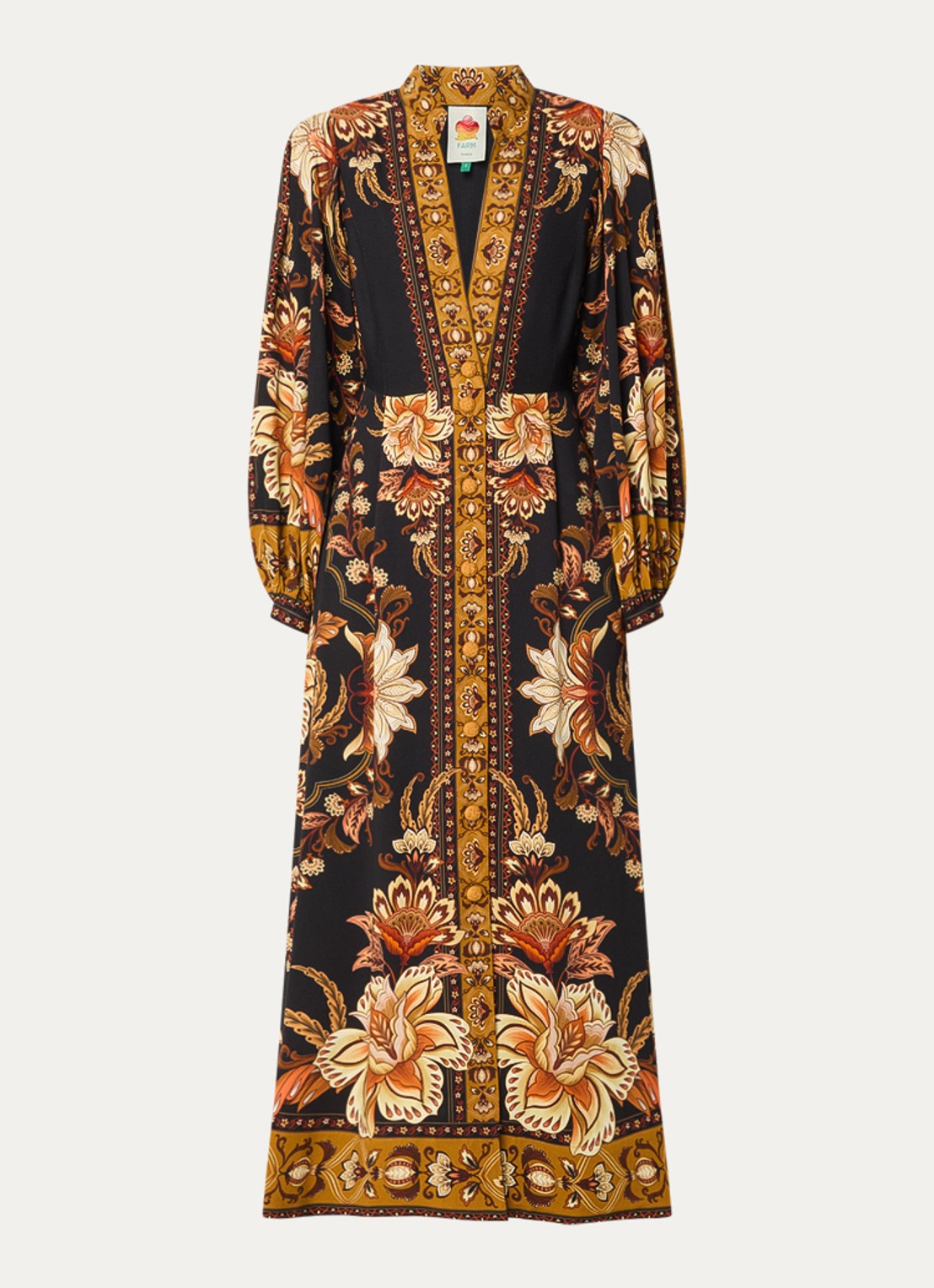Farm Rio Majestic maxi jurk met print - voorkant camel