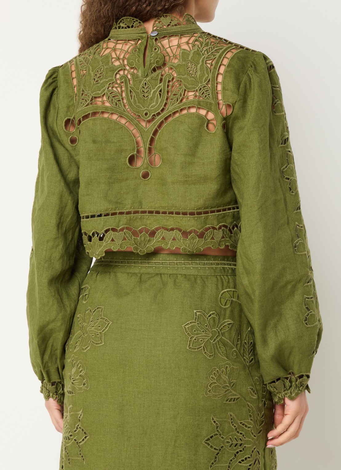 Farm Rio Majestic tuniek van linnen met broderie - achterkant mosgroen