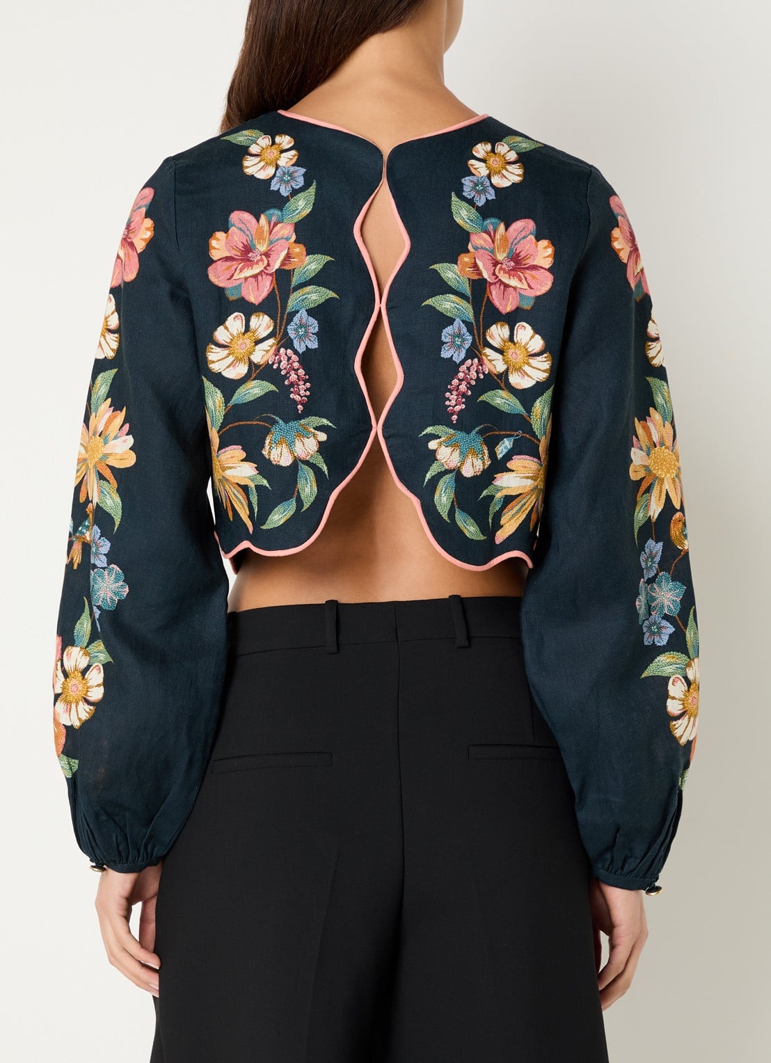 Farm Rio Maria cropped top van linnen met cut-out details - achterkant donkerblauw