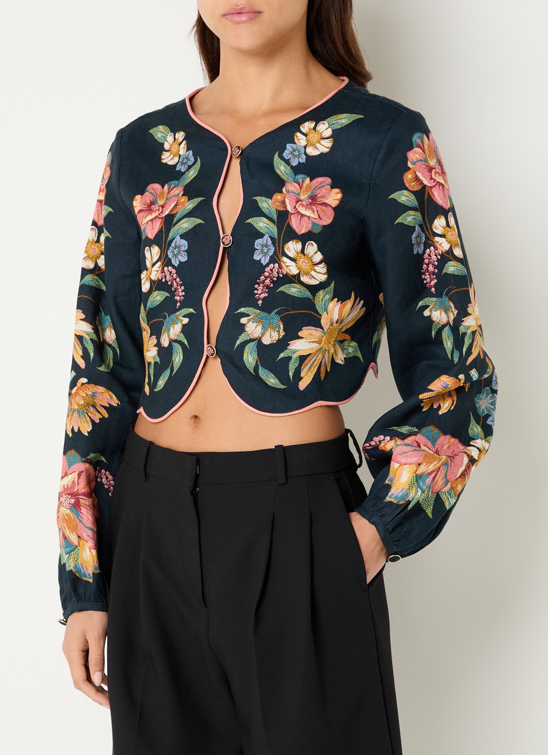 Farm Rio Maria cropped top van linnen met cut-out details - detail 4 donkerblauw