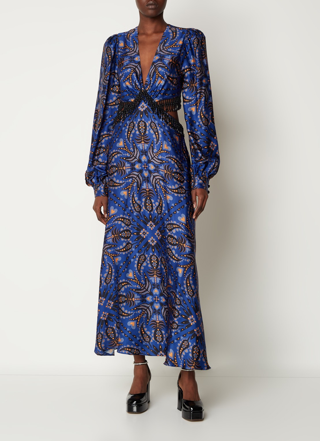 Farm Rio Martina maxi jurk van satijn met kralendecoratie - detail 2 donkerblauw