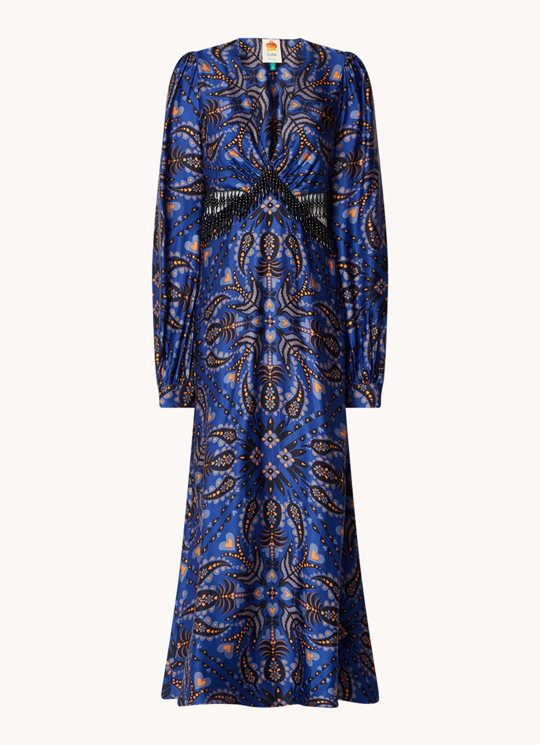 Farm Rio Martina maxi jurk van satijn met kralendecoratie - voorkant 4 donkerblauw