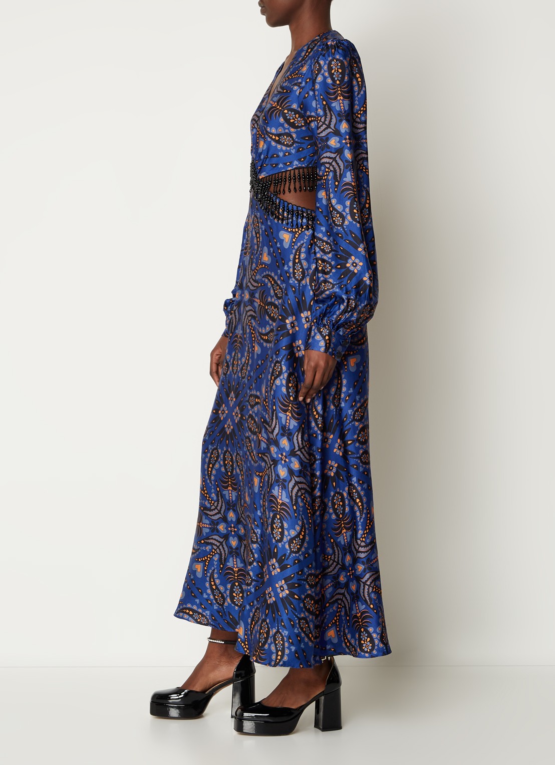 Farm Rio Martina maxi jurk van satijn met kralendecoratie - voorkant 5 donkerblauw