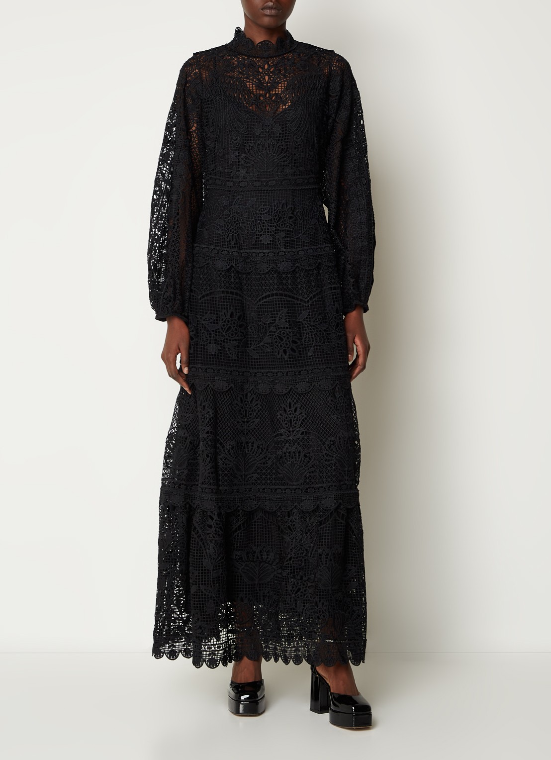 Farm Rio Maxi jurk van broderie met ballonmouw - detail zwart