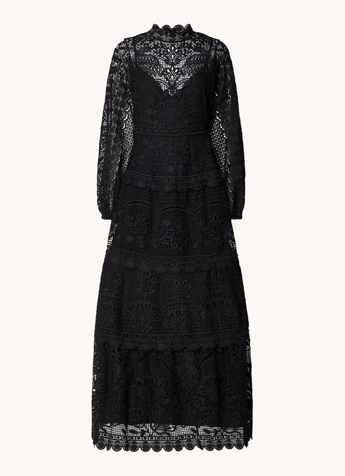 Farm Rio Maxi jurk van broderie met ballonmouw - voorkant 4 zwart