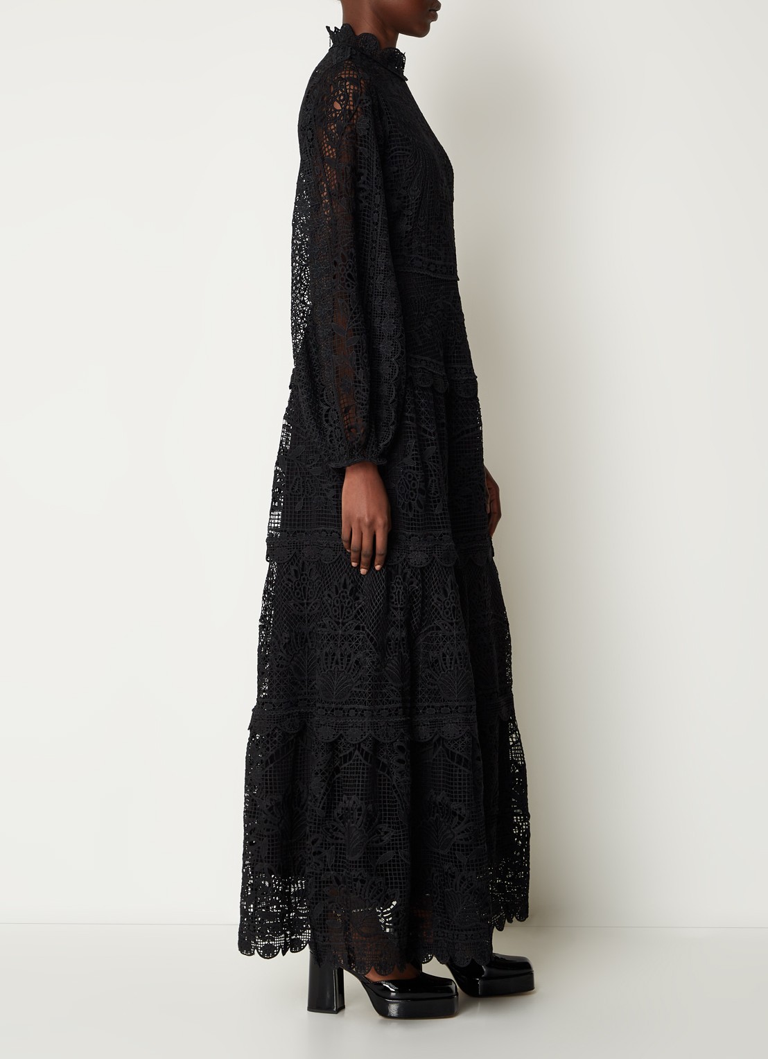 Farm Rio Maxi jurk van broderie met ballonmouw - voorkant 5 zwart