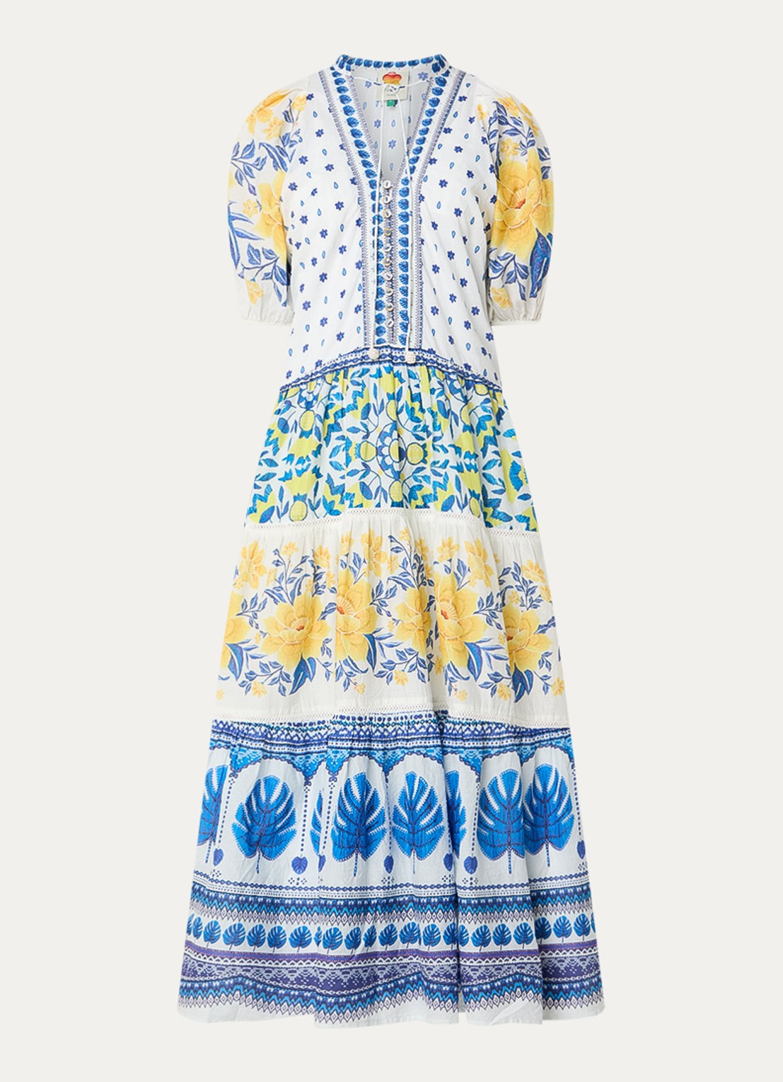 Farm Rio Maxi tuniekjurk met pofmouw en print - voorkant wit