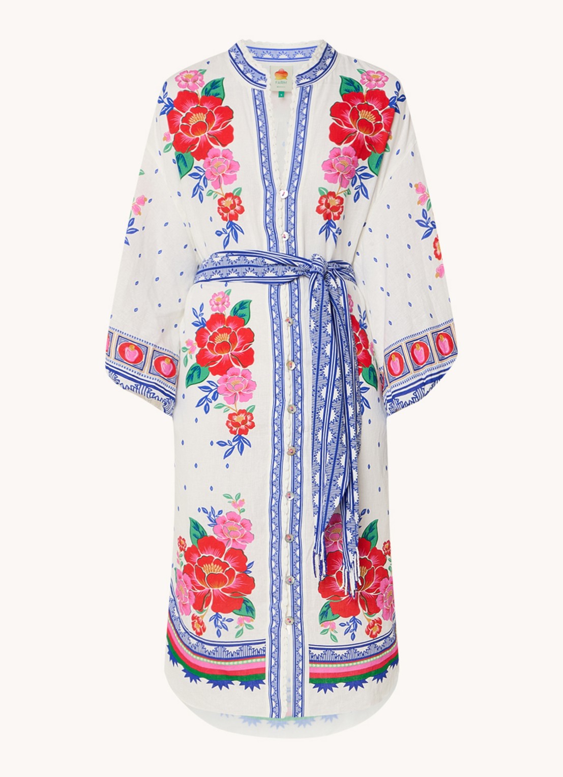 Farm Rio Midi blousejurk in linnenblend met bloemenprint - voorkant 4 gebroken wit
