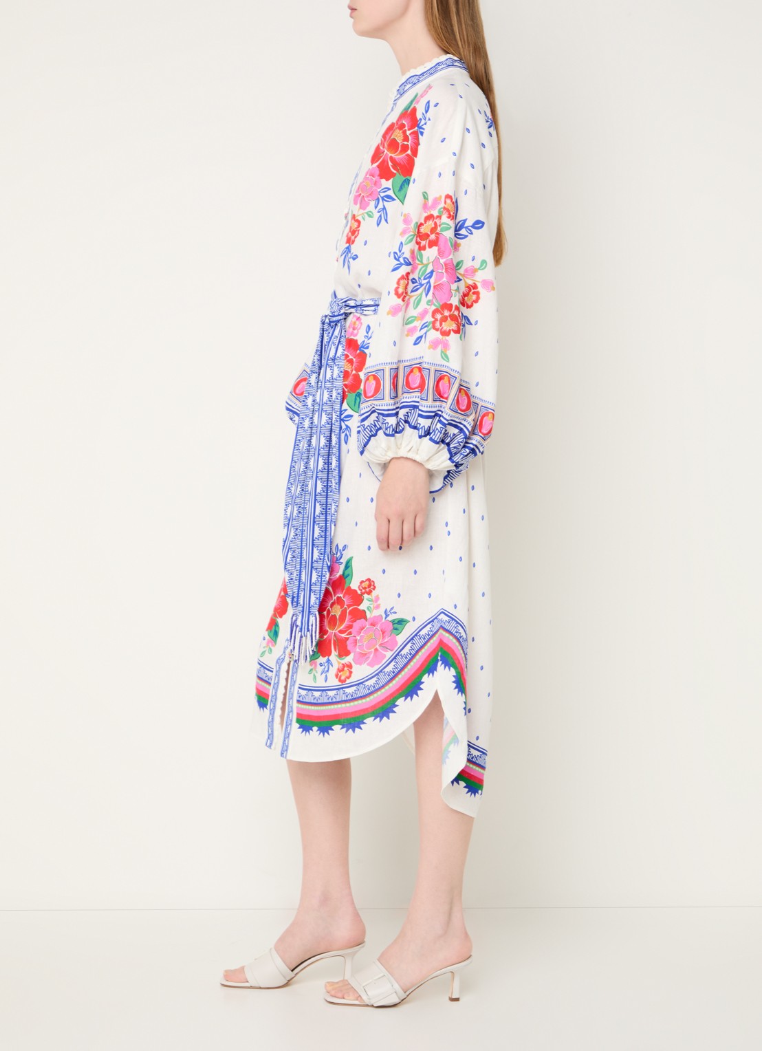 Farm Rio Midi blousejurk in linnenblend met bloemenprint - voorkant 5 gebroken wit