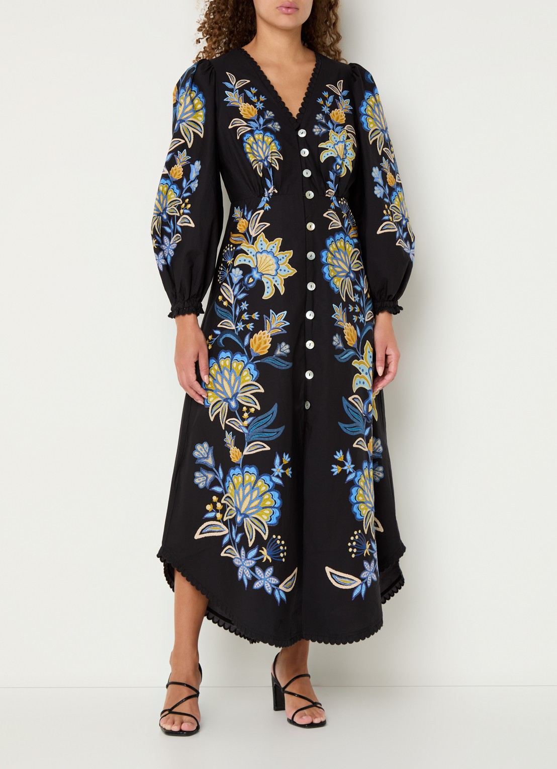 Farm Rio Midi blousejurk van  katoen met bloemenprint - detail 4 zwart