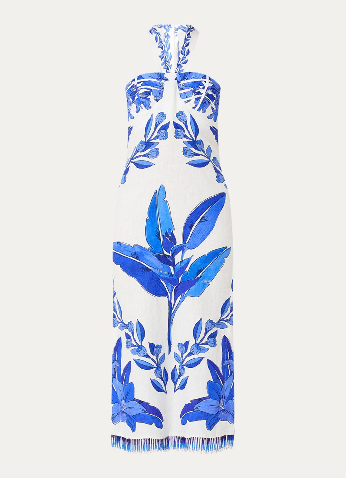 Farm Rio Midi halterjurk van linnen met bloemenprint - voorkant 2 gebroken wit