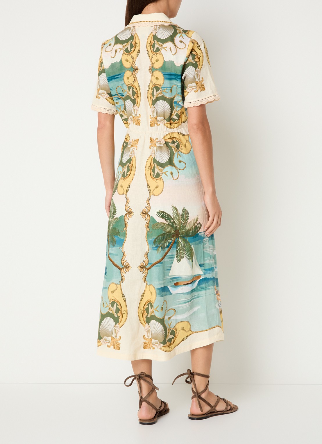 Farm Rio Midi jurk in linnenblend met strikceintuur en print - achterkant 2 gebroken wit