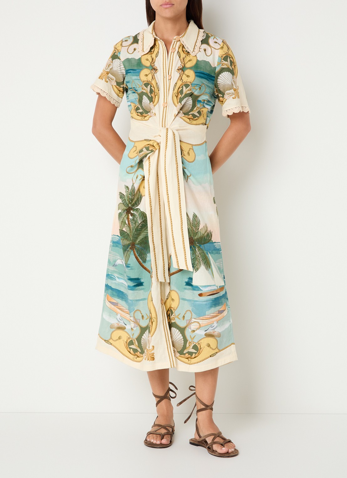 Farm Rio Midi jurk in linnenblend met strikceintuur en print - detail gebroken wit