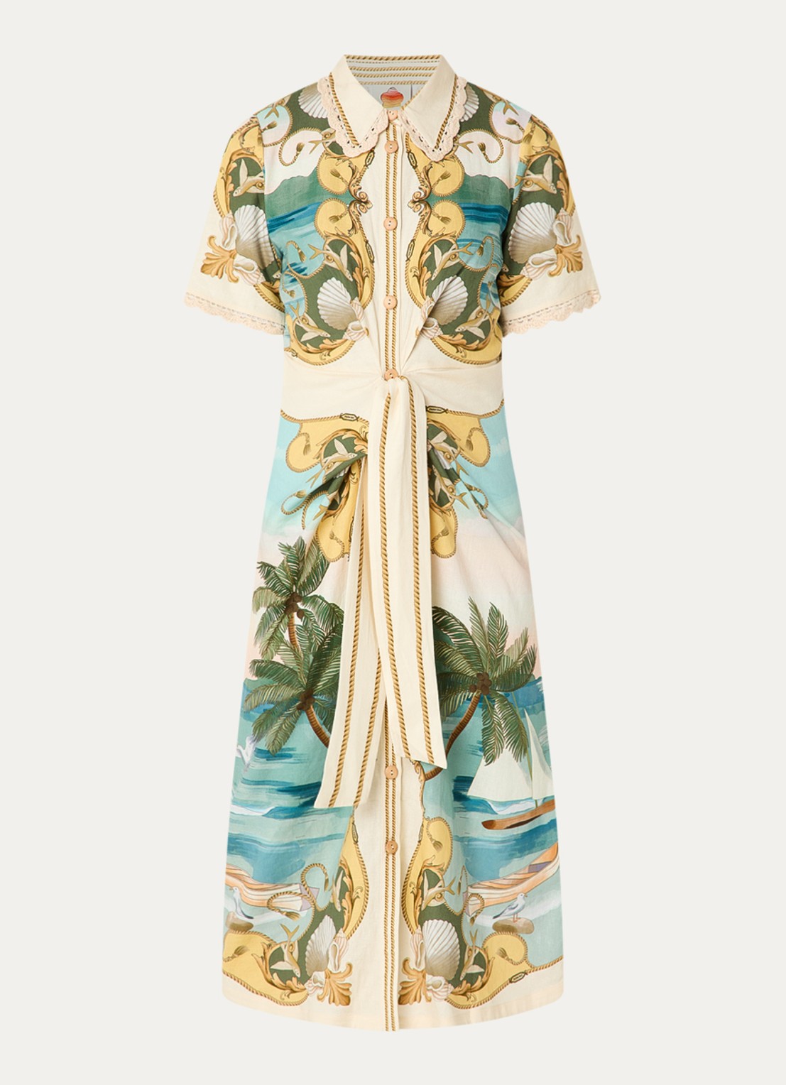 Farm Rio Midi jurk in linnenblend met strikceintuur en print - voorkant 3 gebroken wit