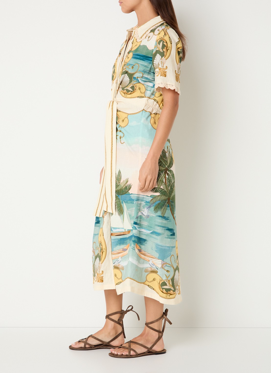 Farm Rio Midi jurk in linnenblend met strikceintuur en print - voorkant 4 gebroken wit