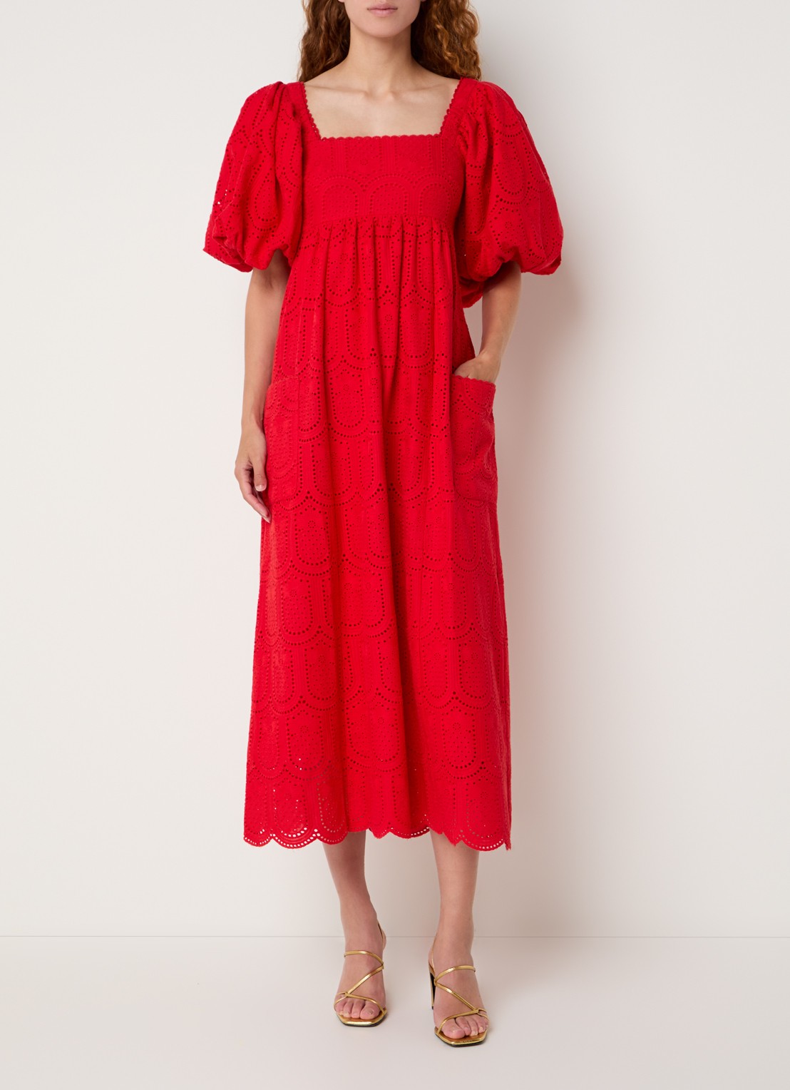 Farm Rio Midi jurk met ballonmouw en broderie - detail rood