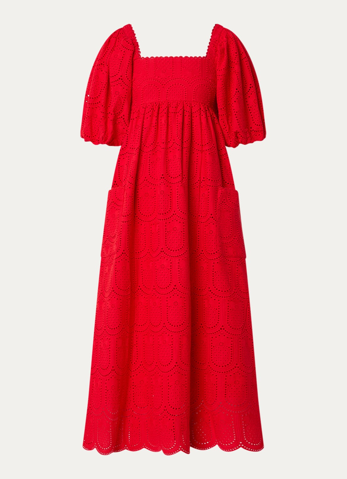 Farm Rio Midi jurk met ballonmouw en broderie - voorkant 2 rood