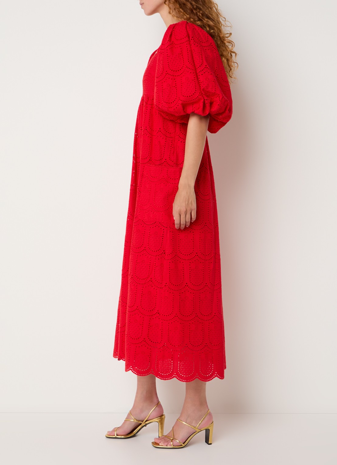 Farm Rio Midi jurk met ballonmouw en broderie - voorkant 3 rood