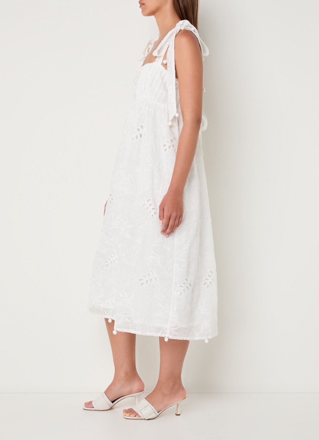 Farm Rio Midi jurk met broderie en geknoopt detail - voorkant 3 wit