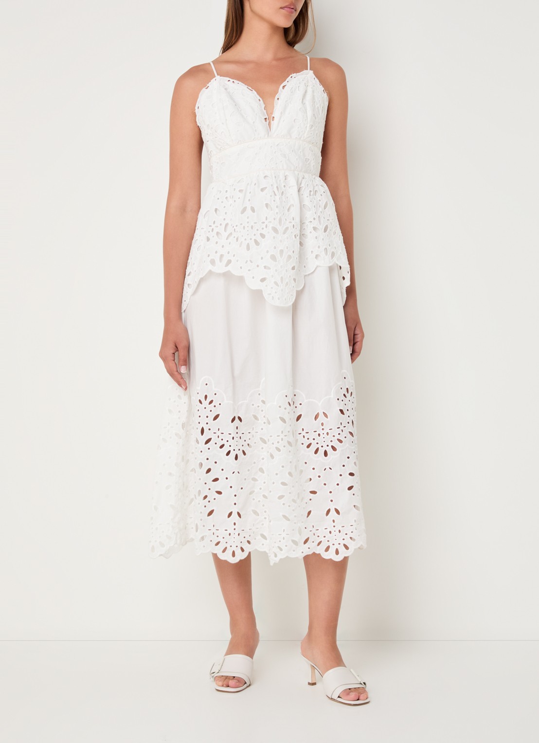 Farm Rio Midi jurk met broderie en volant - detail wit