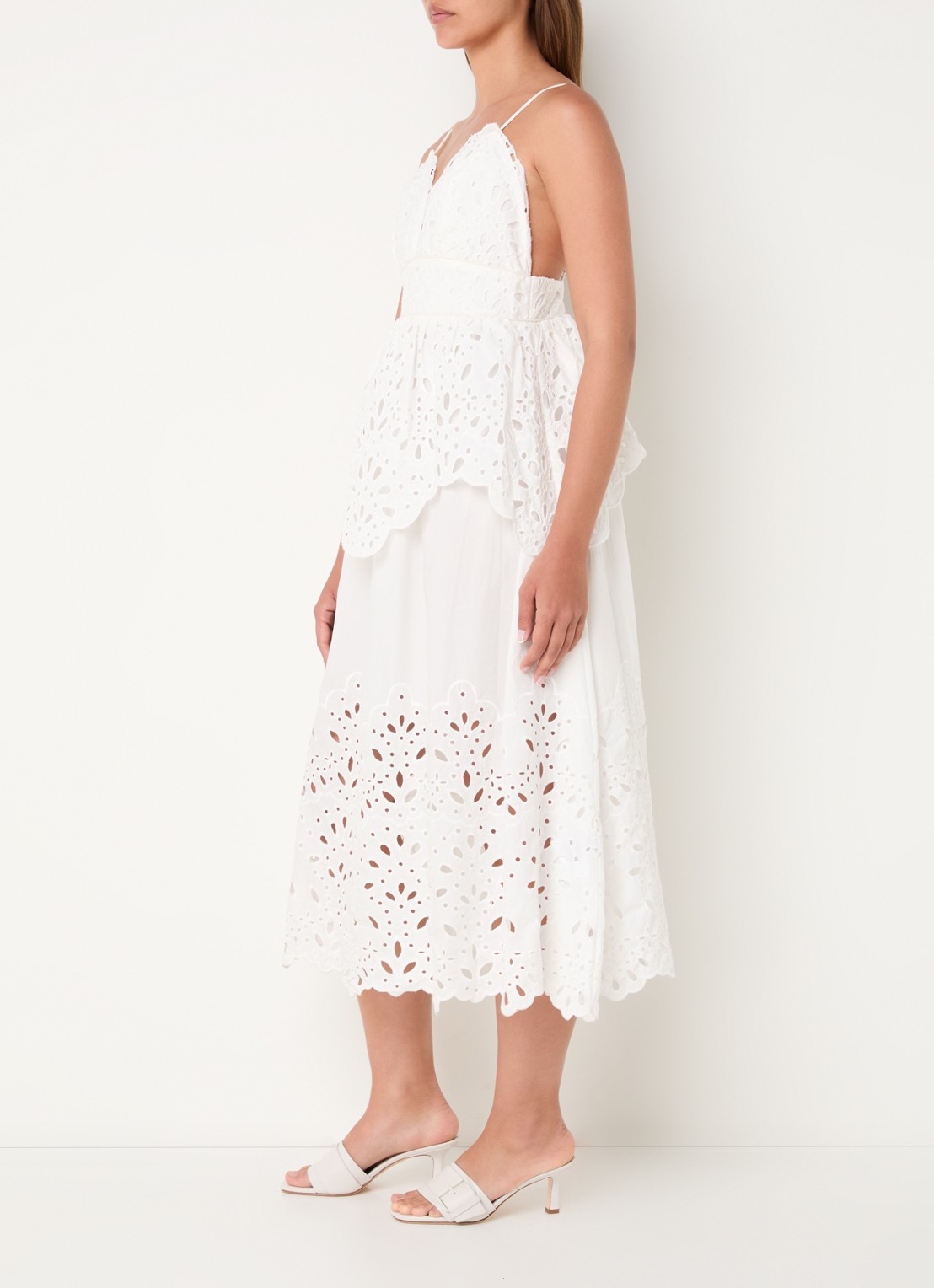 Farm Rio Midi jurk met broderie en volant - voorkant 3 wit
