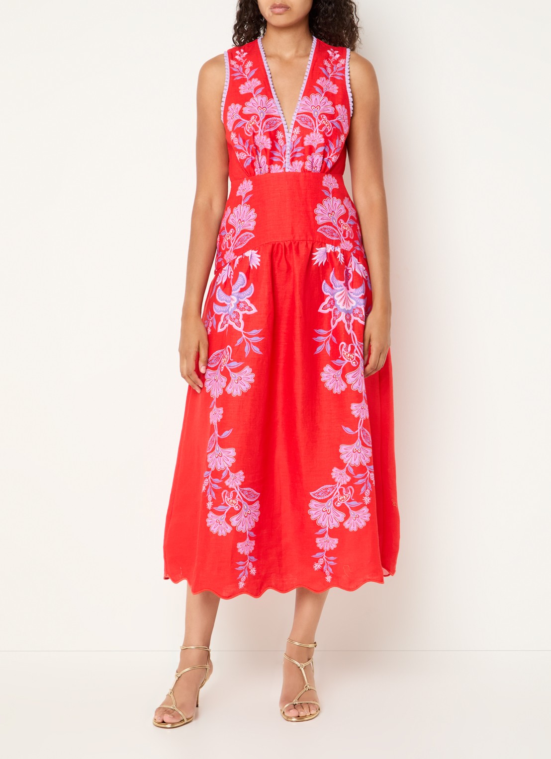 Farm Rio Midi jurk van linnen met bloemenprint - detail rood