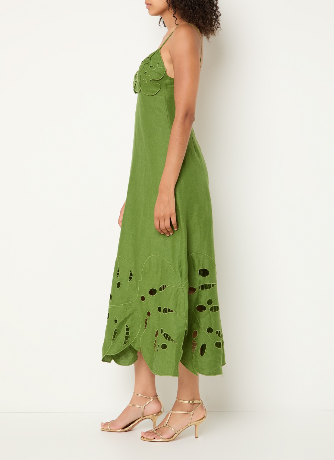 Farm Rio Midi jurk van linnen met cut-out detail - voorkant 4 groen