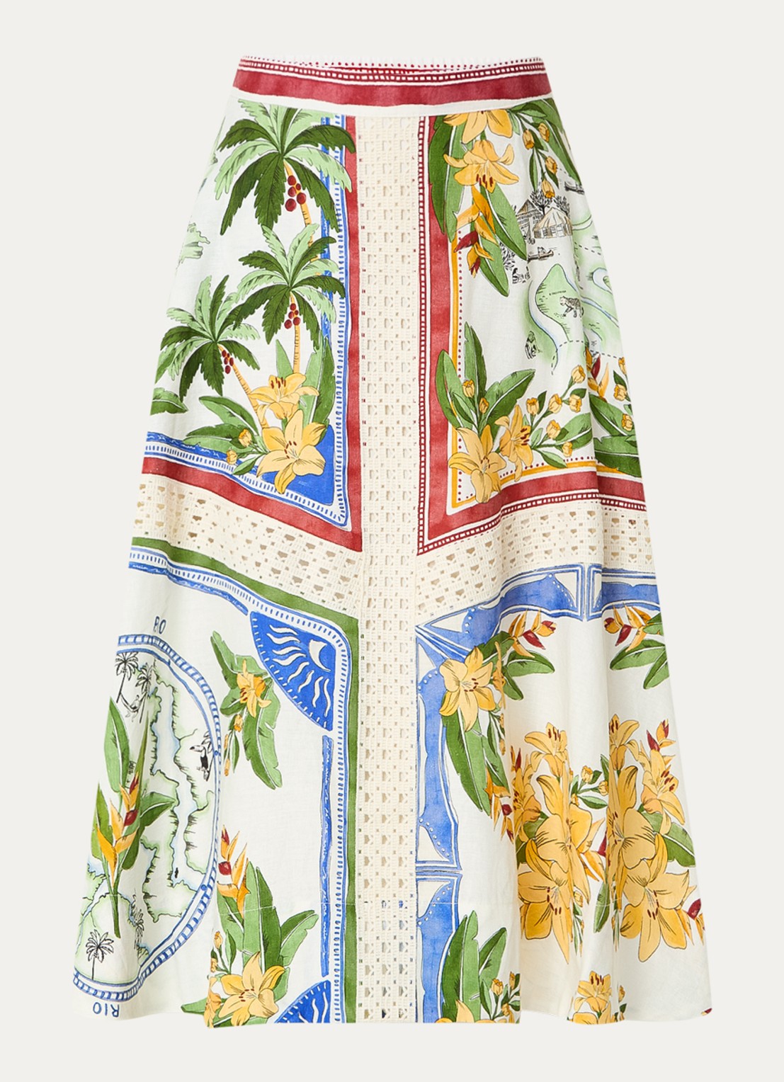 Farm Rio Midi rok in linnenblend met print en opengewerkt detail - voorkant 3 groen
