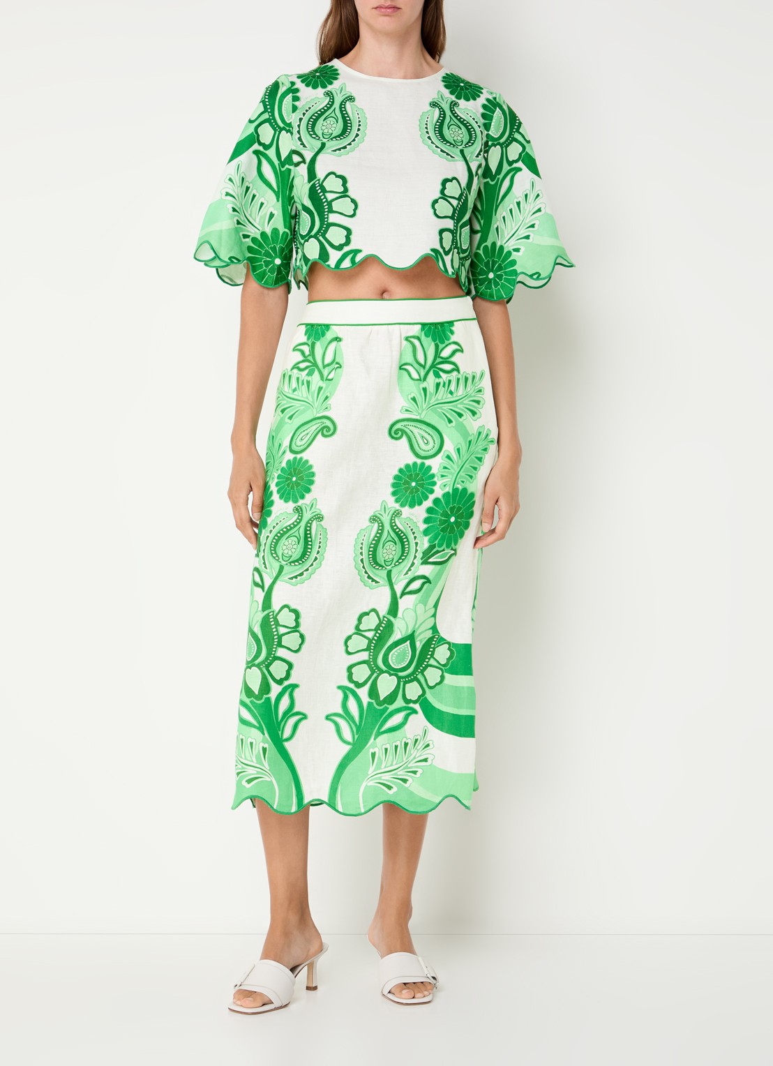 Farm Rio Midi rok van linnen met bloemenprint - voorkant 2 groen