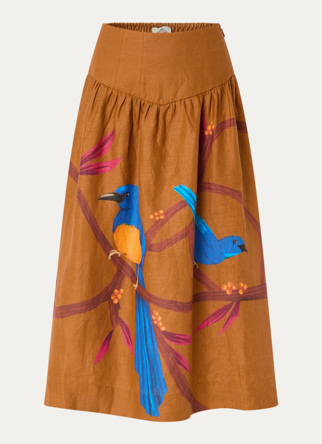 Farm Rio Midi rok van linnen met print en smockwerk - voorkant 2 cognac