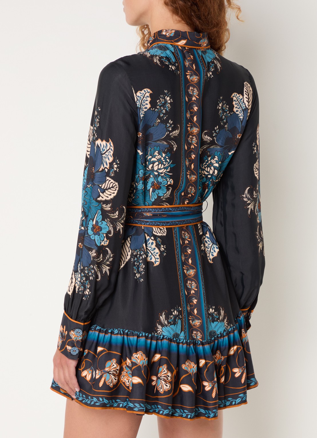 Farm Rio Mini blousejurk met bloemenprint en strikceintuur - achterkant donkerblauw