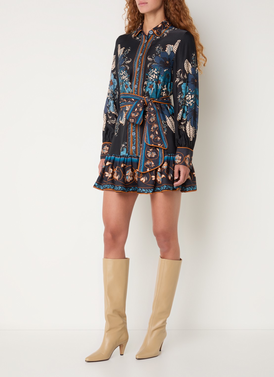 Farm Rio Mini blousejurk met bloemenprint en strikceintuur - voorkant 5 donkerblauw